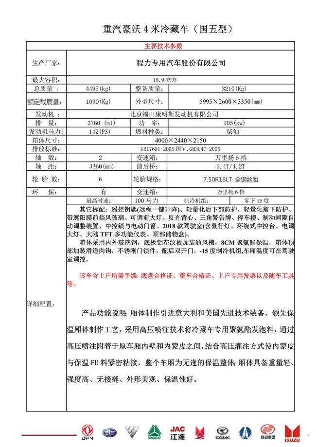 重汽豪沃4米冷藏车(图1)